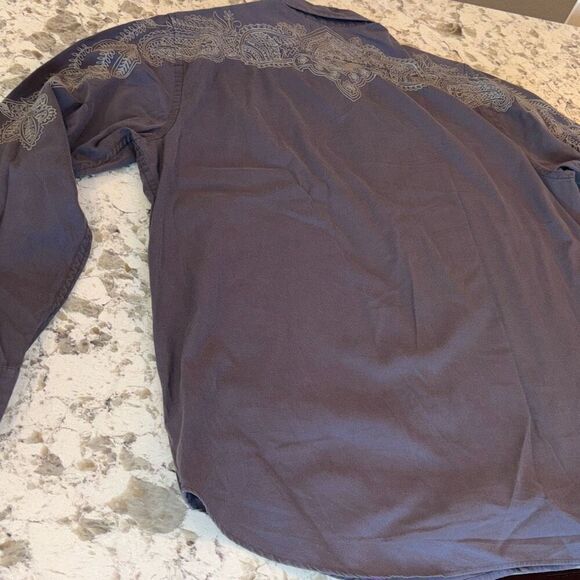 LUCKY BRAND men button down embroidered back/sleeves L gray - Picture 5 of 10